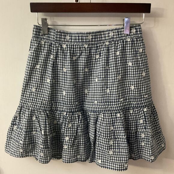 Madewell Embroidered Tiered Pull on Mini Skirt in Gingham Check Cottagecore  NEW - Picture 1 of 8